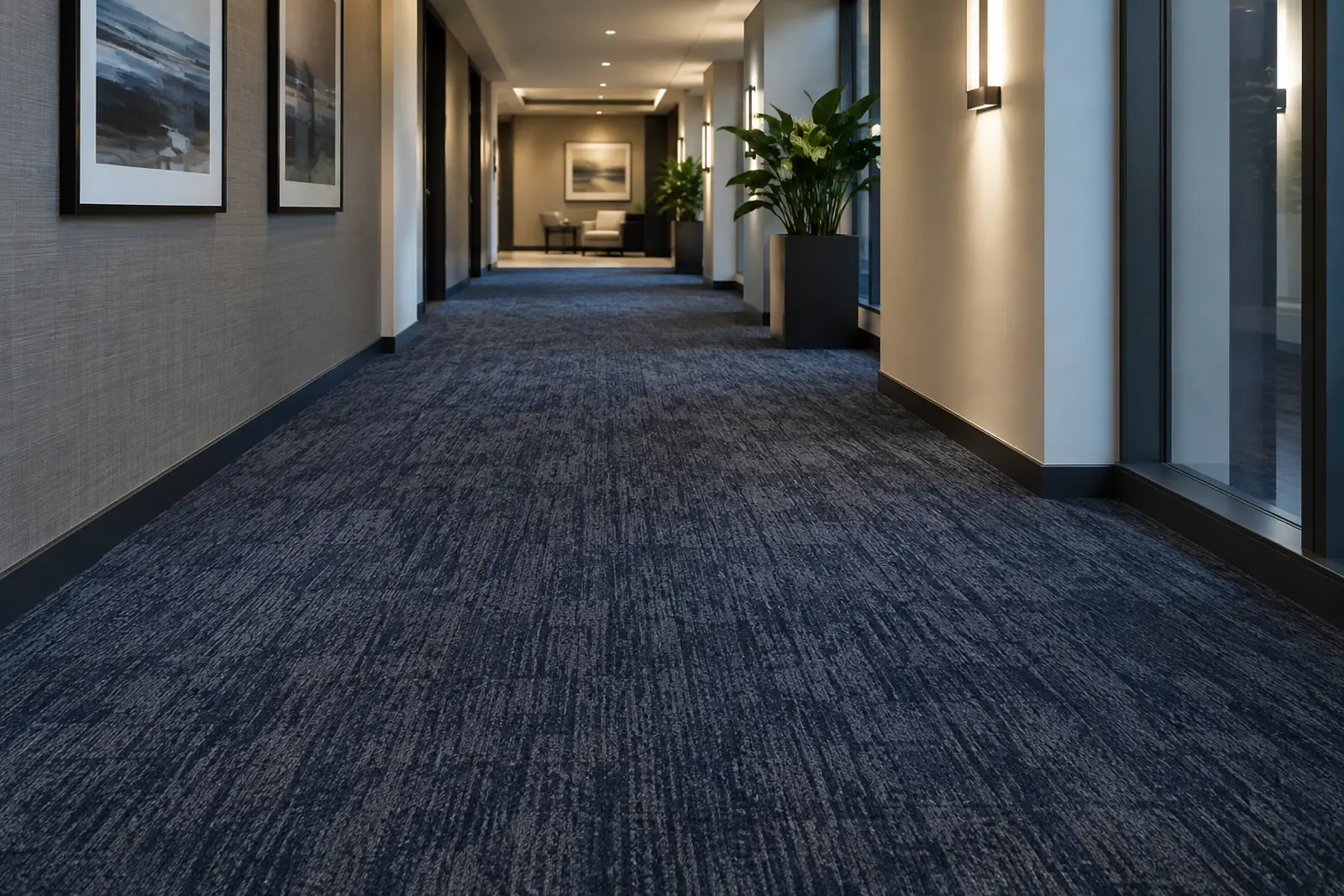 Commercial corridor with navy direct glue-down broadloom carpet