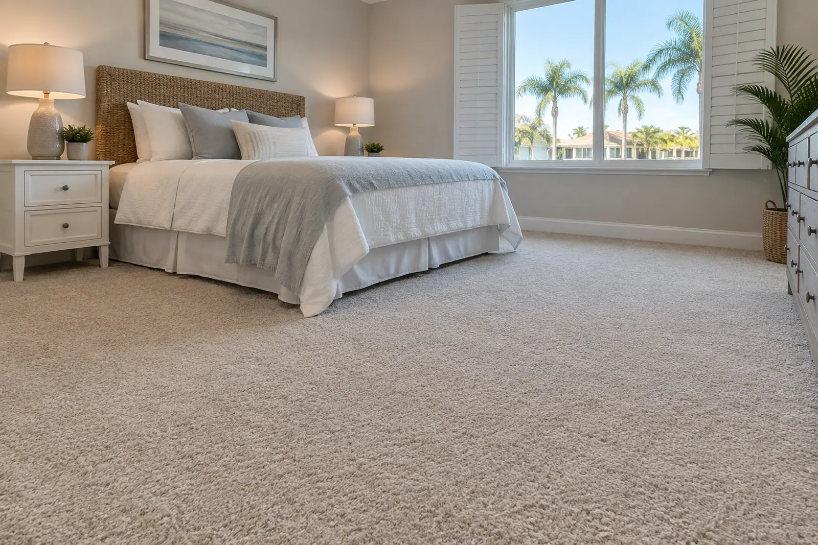 Florida bedroom with new neutral wall-to-wall carpet